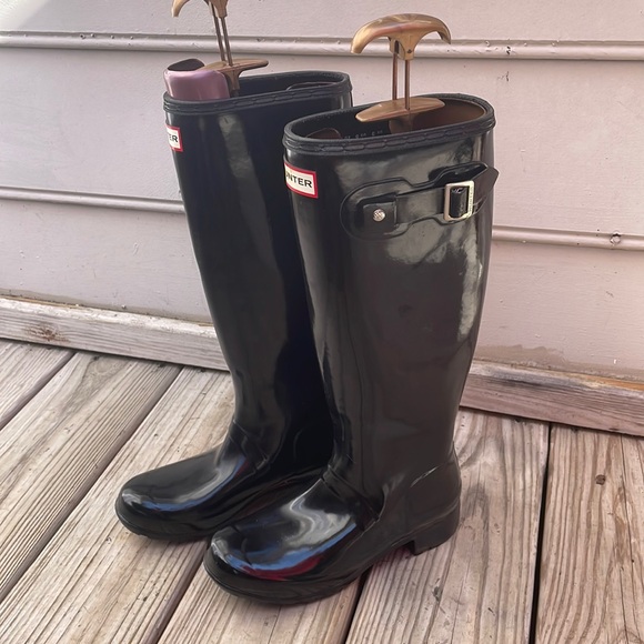 HUNTER Original Gloss Black.Rubber KNEE HIGH Wellies RUBBER Rain Boots Size 5 - Picture 2 of 14